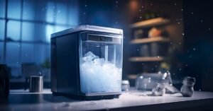 A modern countertop ice maker filled with ice cubes, placed in a stylish kitchen setting with a cool blue ambient light.