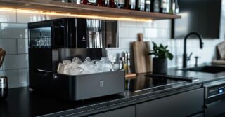 A sleek black countertop ice maker filled with ice cubes, placed in a modern kitchen with white subway tiles, wooden shelves, and various kitchen accessories.